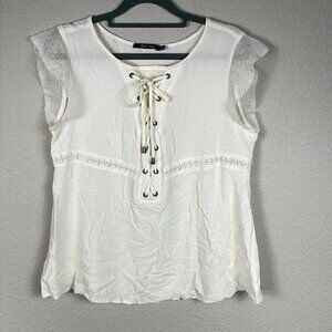 Doe & Rae Ivory White Lace Up Top Mesh Embroidered Inserts Sz L